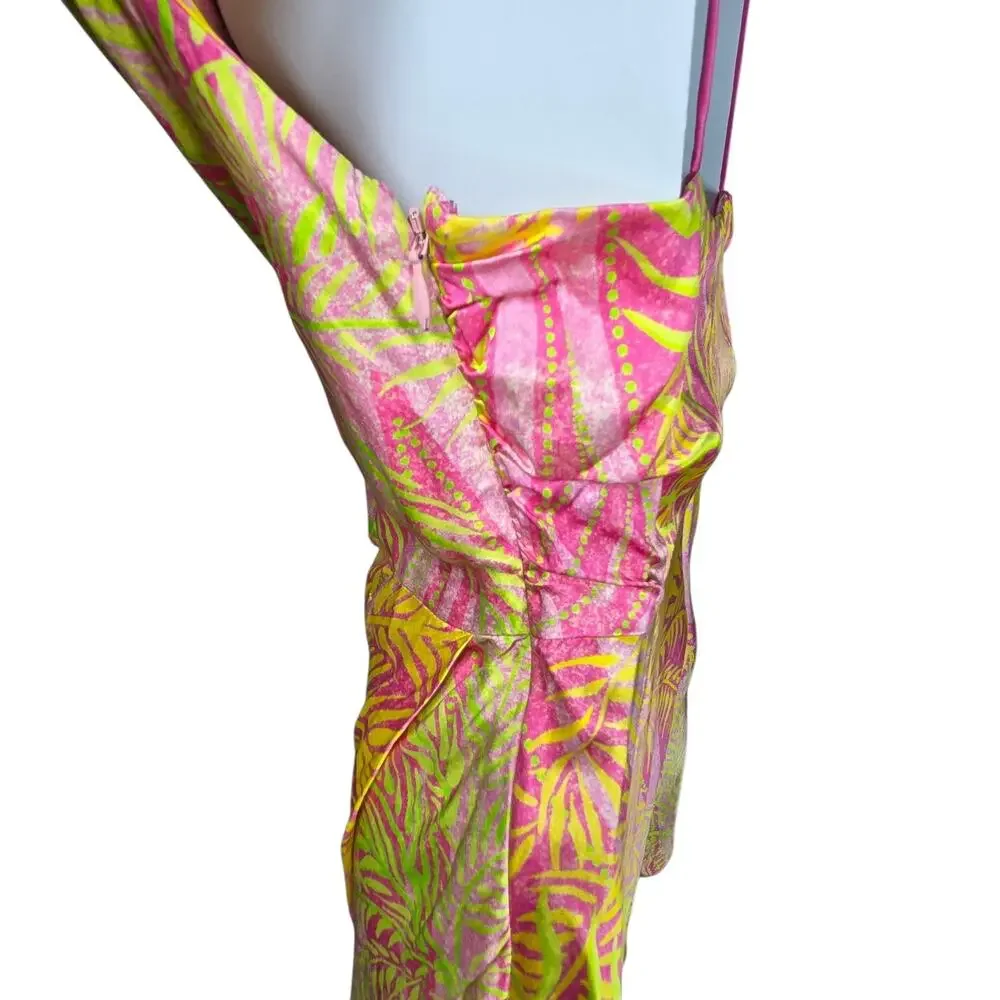 Retrofete Ariella Tropical Palm Silk Mini Dress Pink XS Cowl Neck Slip Resort